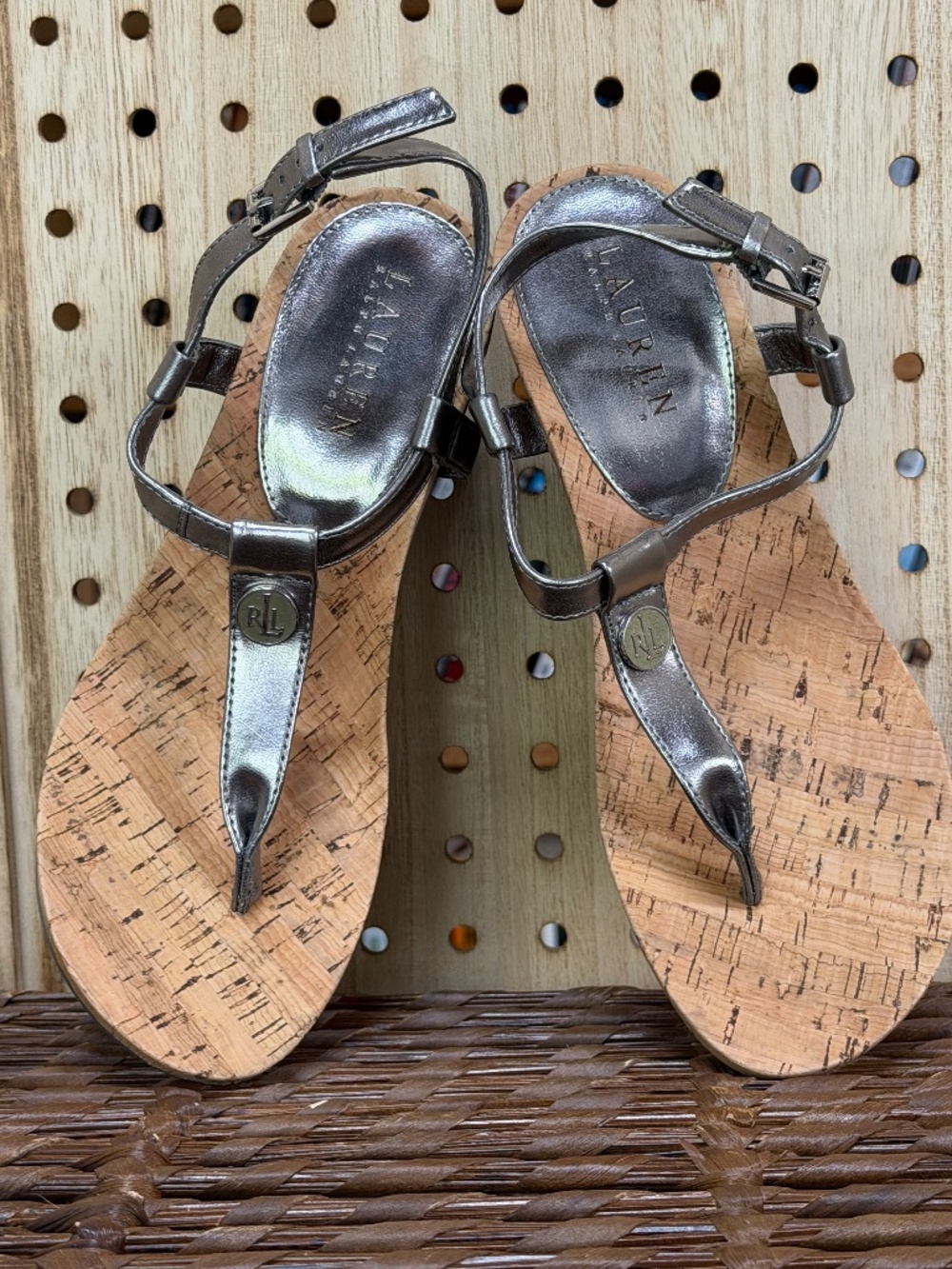 Lauren Ralph Lauren Metallic Gray Cork Wedge Sandals 7.5 - Picture 5 of 8